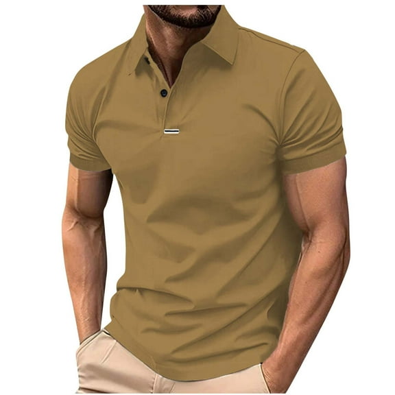 YLSDY Mens Golf Button Collared Shirt Moisture Wicking Short Sleeve Performance Athletic Tennis Shirt Business Casual Collared T Shirt Khaki S