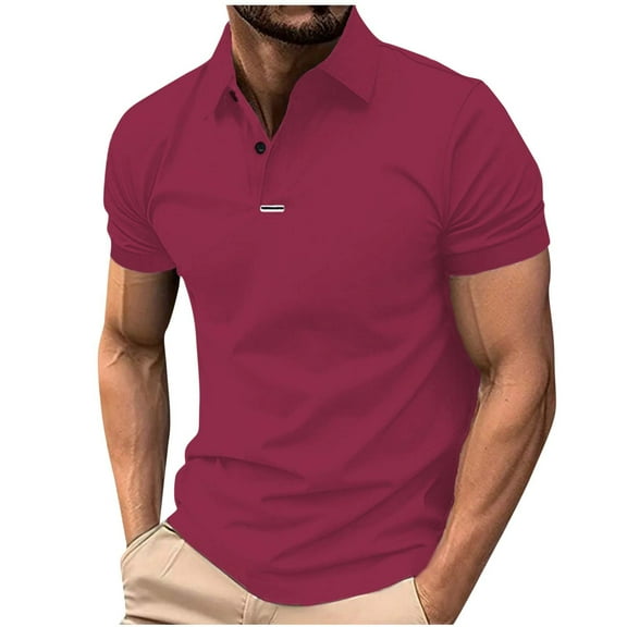 YLSDY Mens Golf Button Collared Shirt Moisture Wicking Short Sleeve Performance Athletic Tennis Shirt Business Casual Collared T Shirt Wine L