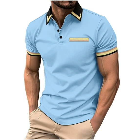 YLSDY Mens Golf Shirts Casual Short Sleeve Button Lapel Golf Fit Tee Shirts with Pocket Summer Fashion Solid Color Cozy Top Athletic Workout Sport Shirts Sky Blue M