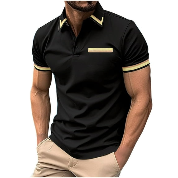 YLSDY Mens Golf Shirts Casual Short Sleeve Button Lapel Golf Fit Tee Shirts with Pocket Summer Fashion Solid Color Cozy Top Athletic Workout Sport Shirts Black M