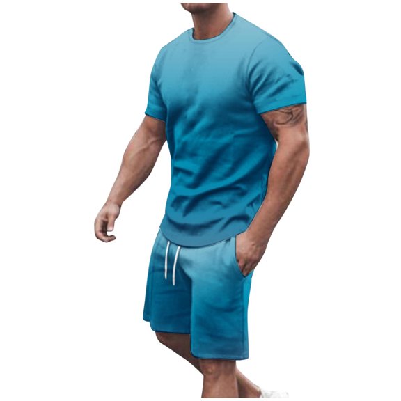 YLSDY Mens Gradient Short Sets 2 Piece Outfits Fashion Summer Tracksuits Casual Set Muscle T Shirts with Drawstring Shorts Blue 4