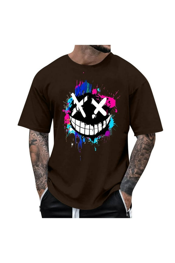 Mens Graphic T-Shirts Short Sleeve Streetwear Hip Hop T Shirt Casual T Shirt Funny Smile Black Teeth Graphic T-Shirts Brown XXL