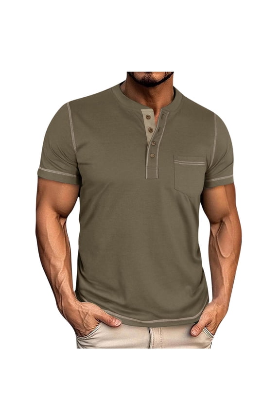 Mens Henley Shirts Color Block Trendy Collarless Tops Casual Stretch Summer Lightweigh Waffle Short Sleeve T-Shirt with Pocket Army Green XL