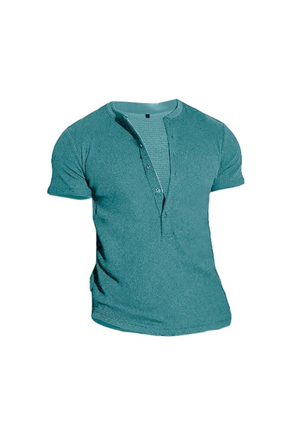 Mens Henley Shirts Short Sleeve Basic T-Shirts Classic Casual Half Button Shirt Summer Beach Muscle Tee Tops Light Blue M
