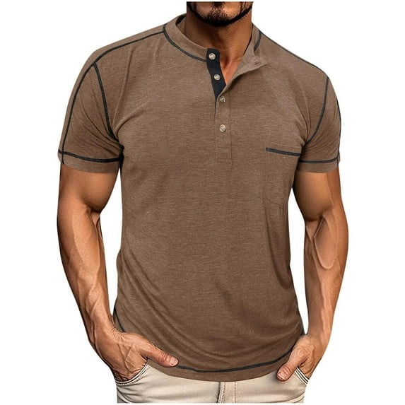 YLSDY Mens Henley Shirts Short Sleeve Casual Button T-Shirts Basic Tee Shirts Summer Vintage T Shirts with Pocket Khaki L