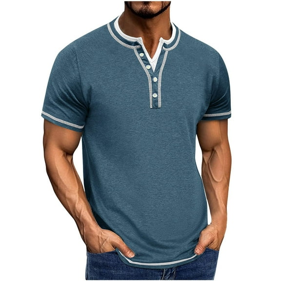 YLSDY Mens Henley Shirts Stylish Short Sleeve T-Shirts Color Block Casual Collarless 3 Button V Neck Tees Blue S