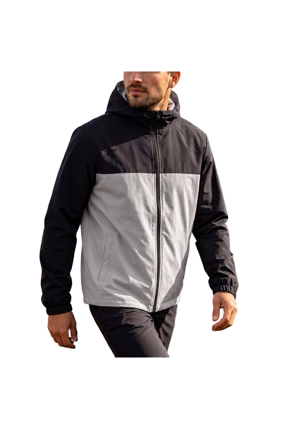 Mens Hiking Jacket Standard Short Hooded Color Block Full Zip Outer Coat, Elastic Cuff Hem Hidden Side Pockets for Backpacking Trail Trips Gray XXL