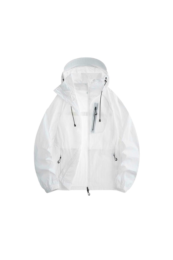 Mens Hiking Shell Jacket Relaxed Mid Length Hooded Drawstring Outer Coat, Multi Zip Storage Pockets 3D Tailored Seams for Camping Backpacking Trips White S