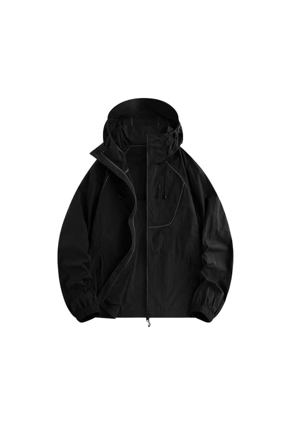 Mens Hiking Shell Jacket Relaxed Mid Length Hooded Drawstring Outer Coat, Multi Zip Storage Pockets 3D Tailored Seams for Camping Backpacking Trips Black S
