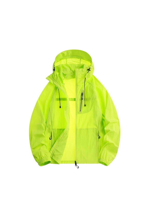 Mens Hiking Shell Jacket Relaxed Mid Length Hooded Drawstring Outer Coat, Multi Zip Storage Pockets 3D Tailored Seams for Camping Backpacking Trips Green XXL