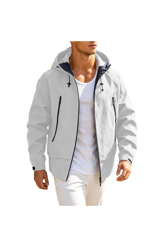 Mens Hiking Shell Jacket Standard Short Hooded Drawstring Outer Coat, Multi Zip Secure Storage Pockets Wind Resistant Finish for Coastal Trips Backpacking Gray XXL