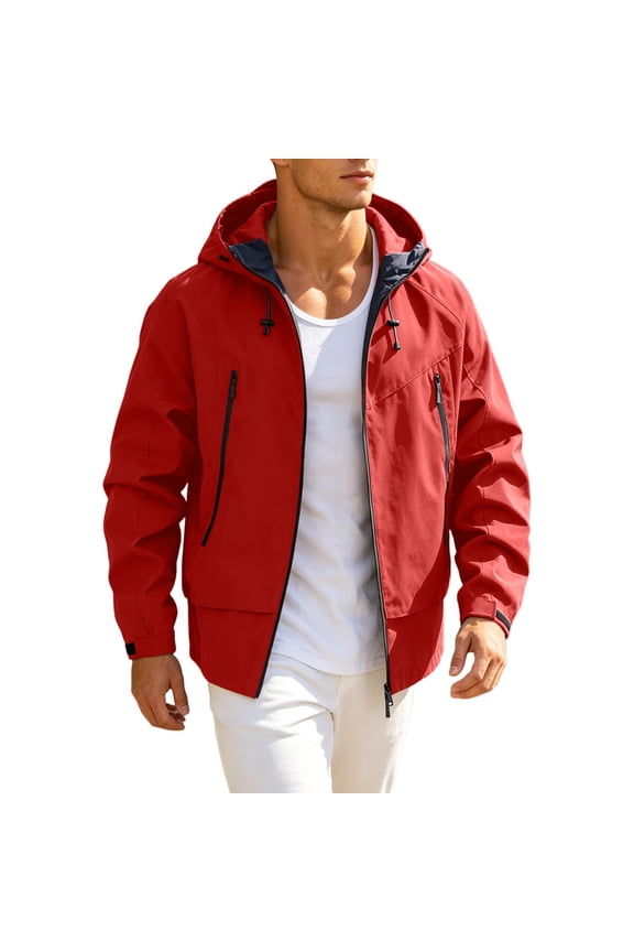 Mens Hiking Shell Jacket Standard Short Hooded Drawstring Outer Coat, Multi Zip Secure Storage Pockets Wind Resistant Finish for Coastal Trips Backpacking Red XS
