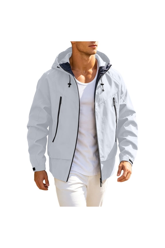 Mens Hiking Shell Jacket Standard Short Hooded Drawstring Outer Coat, Multi Zip Secure Storage Pockets Wind Resistant Finish for Coastal Trips Backpacking Blue XS