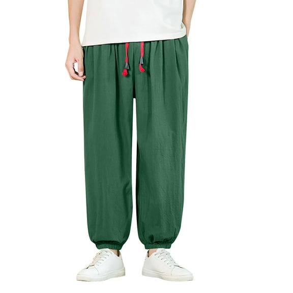 YLSDY Mens Hippie Harem Pants Casual Elastic Drawstring Tapered Pants Solid Color Baggy Yoga Drop Crotch Trouser Green M