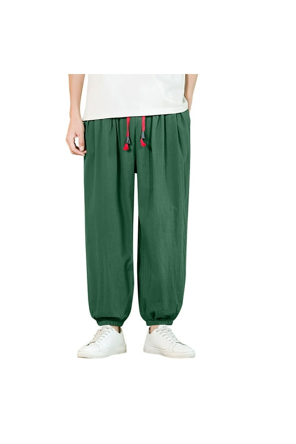 Mens Hippie Harem Pants Casual Elastic Drawstring Tapered Pants Solid Color Baggy Yoga Drop Crotch Trouser Green XXXXL