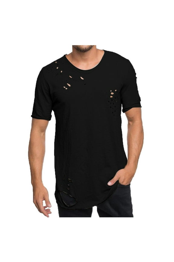 Mens Holes Ripped Shirts Trendy Workout Elegant Solid Color Basic Tees Short Sleeve Blouse Hip Hop Crew Neck Summer Tops Regular Fit Outdoor Sport T-Shirts Fashion Black L