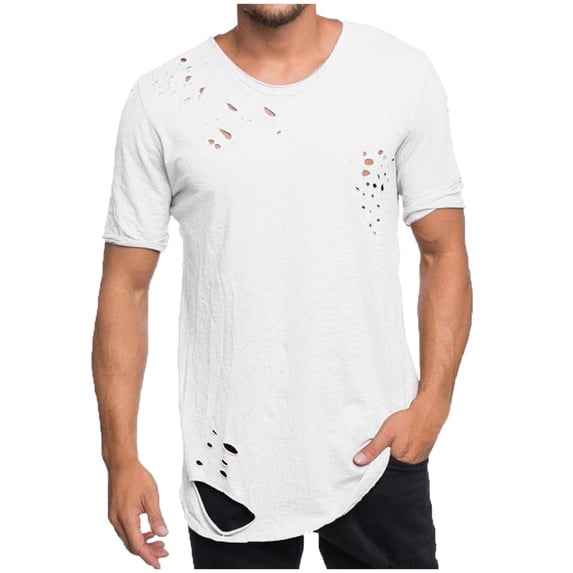 YLSDY Mens Holes Ripped Shirts Trendy Workout Elegant Solid Color Basic Tees Short Sleeve Blouse Hip Hop Crew Neck Summer Tops Regular Fit Outdoor Sport T-Shirts Fashion White M