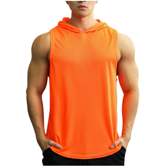 YLSDY Mens Hooded Tank Top Athletic Running Cool Sleeveless Basketball Cut Off Shirts Sports Exercise Clothes Gym Hoodies Orange XXL