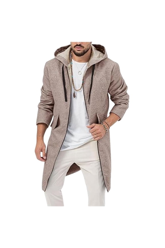 Mens Hooded Trench Coat Wool Blend Long Jacket Full Zip Winter Classic Business Overcoat with Pockets Khaki M
