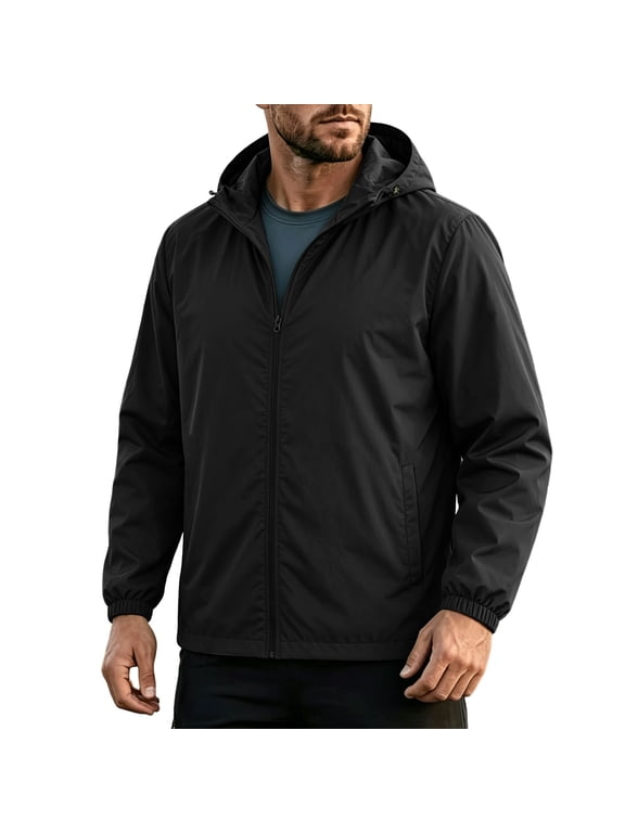 Mens Hooded Waterproof Windbreaker Zip Up Coat with Pockets for Outdoor Hiking Camping and Travel Activities Black XL