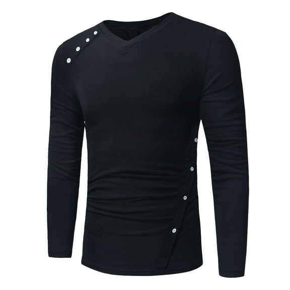 YLSDY Mens Irregular Buttons T Shirt Casual Stylish Long Sleeve Fall Shirts Slim Fit V Neck T-Shirts Sexy Comfy Tee Shirts Solid Color Tees Black M