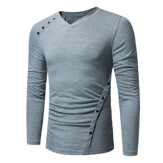 YLSDY Mens Irregular Buttons T Shirt Casual Stylish Long Sleeve Fall Shirts Slim Fit V Neck T-Shirts Sexy Comfy Tee Shirts Solid Color Tees Gray XL