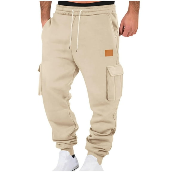 YLSDY Mens Jogger Sweatpants Open Bottom Warm Fleece Lined Cargo Pants Relaxed Fit Tapered Winter Work Pants with Pockets Khaki 8-10
