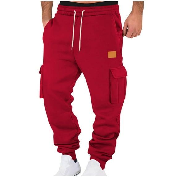 YLSDY Mens Jogger Sweatpants Open Bottom Warm Fleece Lined Cargo Pants Relaxed Fit Tapered Winter Work Pants with Pockets Red 8-10