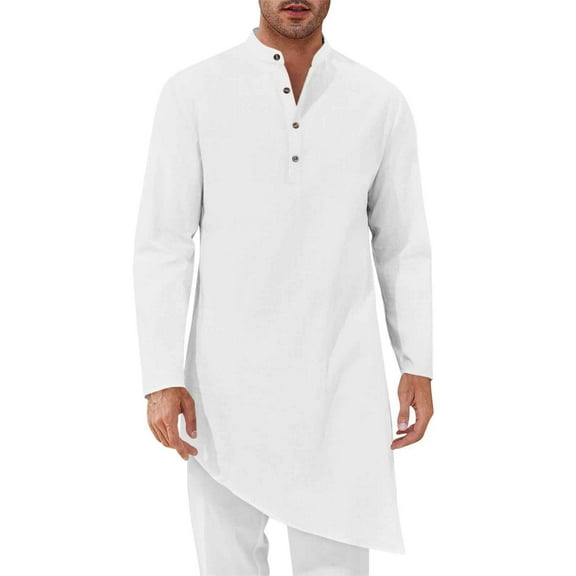 YLSDY Mens Kaftan Robe Thobe Cotton Long Sleeve Henley Shirt Buttons Stand Collar Casual Muslim Gown Kurta Tops White M
