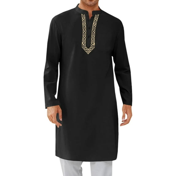 YLSDY Mens Kaftan Thobe Button Down Casual Henley Shirts Long Sleeve Robe Cotton Linen Muslim Gown Shirt Black XL