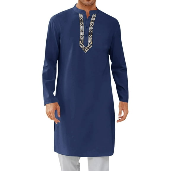 YLSDY Mens Kaftan Thobe Button Down Casual Henley Shirts Long Sleeve Robe Cotton Linen Muslim Gown Shirt Navy M
