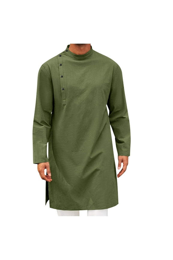 Mens Kaftan Thobe Robe Long Sleeve Cotton Henley Shirt Casual Muslim Gown Salwar Kurta Fall Fashion Long Shirts Army Green M