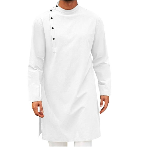 YLSDY Mens Kaftan Thobe Robe Long Sleeve Cotton Henley Shirt Casual Muslim Gown Salwar Kurta Fall Fashion Long Shirts White L