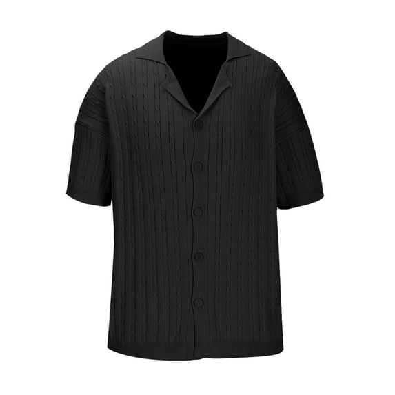 YLSDY Mens Knit Button Down Shirts Crochet Button Collared Shirts Vintage Short Sleeve Textured Shirts Summer Beach Tops Black M