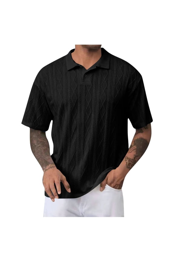 Mens Knit Button Collared Shirts Short Sleeve Summer Textured T Shirts Casual Jacquard Golf Collared Fashion Tops Black XXXL