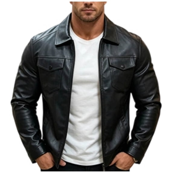 YLSDY Mens Lapel Faux Leather Trucker Jacket Single Chest Snap Pocket Full Zip Slim Fit Outerwear for Motorcycle Biker Night Out Fashion Looks Black M