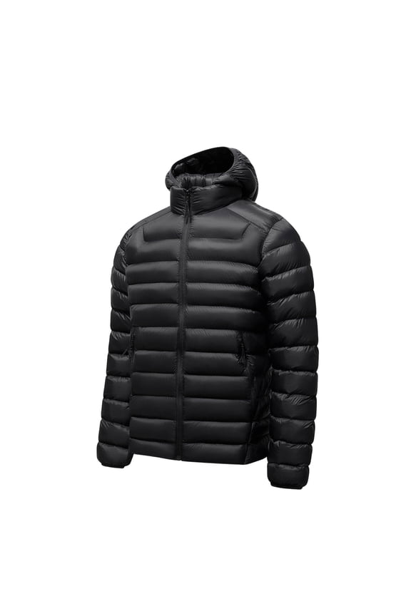 Mens Lightweight Packable Hooded Down Puffer Jacket Horizontal Quilt Full Zip Side Pocket Thin Warm Outerwear for Travel Outdoor Cold Weather Black XXXXL