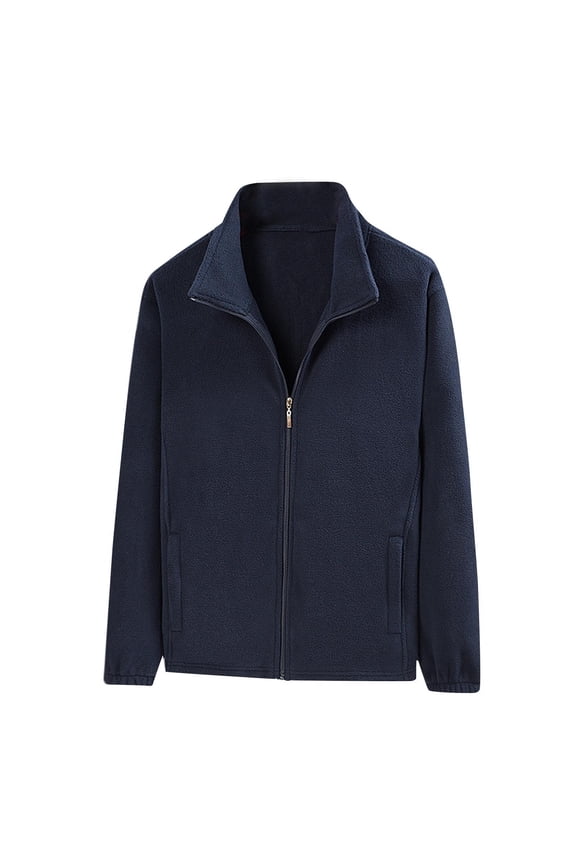 Mens Lightweight Polar Fleece Jacket Full Zip Casual Mock Neck Coat Winter Soft Warm Long Sleeve Outwear with Pockets Dark Blue M