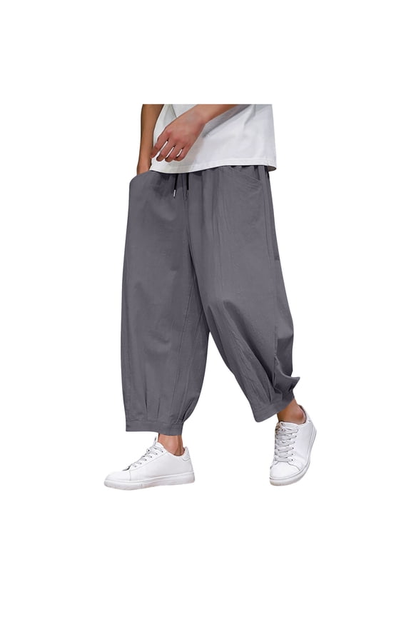 Mens Linen Pants for Mens Holiday Ruched Straight Leg Basic Long Leg Fall Summer Pants 2025 Regular Fit Y2K Capris Dark Gray L