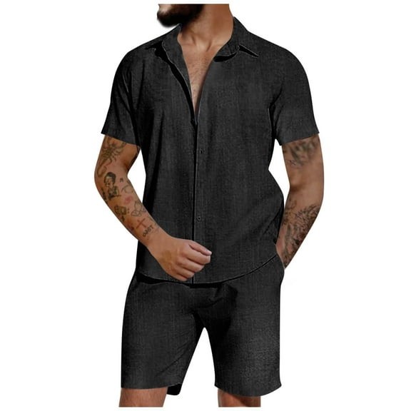 YLSDY Mens Linen Sets 2 Piece Outfits Short Sleeve Button Down Shirts and Beach Shorts Sets Summer Sports Tracksuits Suit Black 8