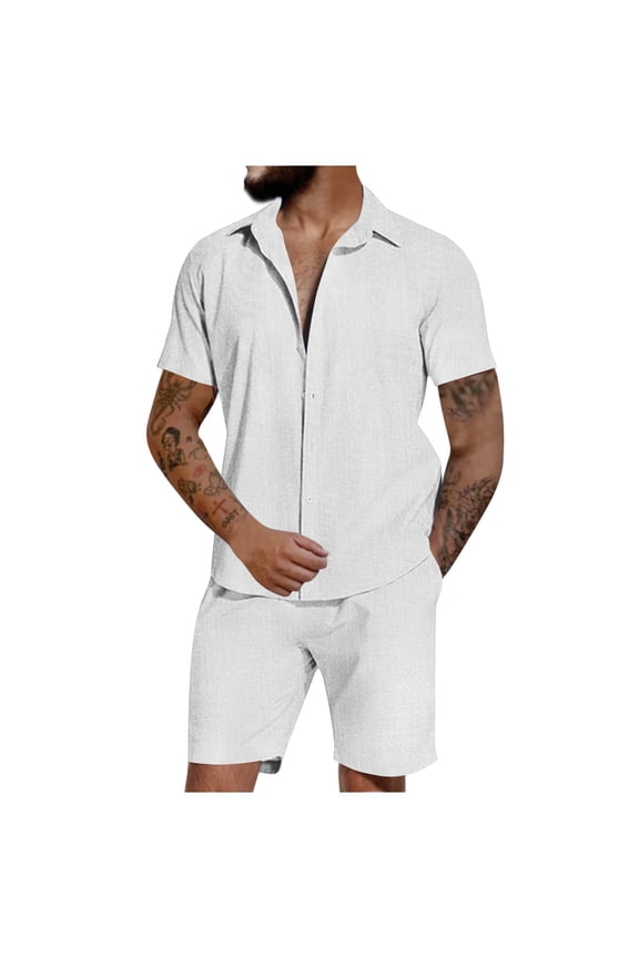 Mens Linen Sets 2 Piece Outfits Short Sleeve Button Down Shirts and Beach Shorts Sets Summer Sports Tracksuits Suit White 6