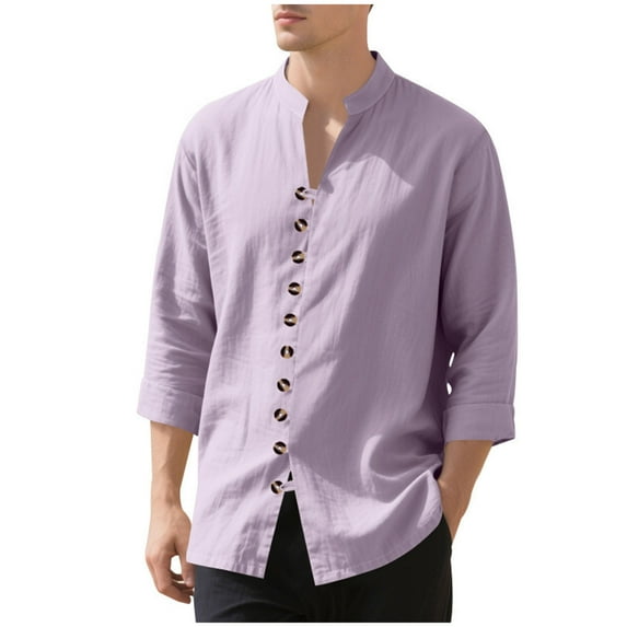 YLSDY Mens Linen Shirt Short Sleeve Button Down Collar T Shirt Blouses Casual Solid Color Summer Vacation Beach Shirts Purple M