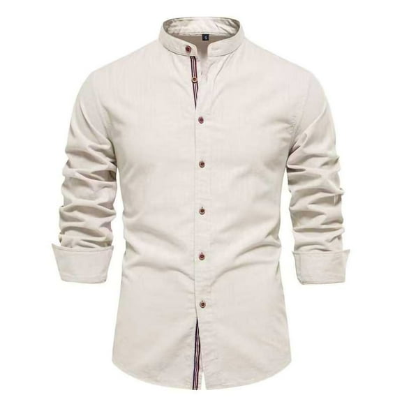 YLSDY Mens Long Sleeve Cotton Linen T-Shirt Button Down Band Collar Beach Tops Casual Button Up Summer Oxford Dress Shirt Beige L