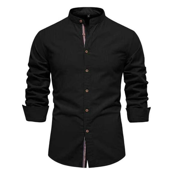 YLSDY Mens Long Sleeve Cotton Linen T-Shirt Button Down Band Collar Beach Tops Casual Button Up Summer Oxford Dress Shirt Black S