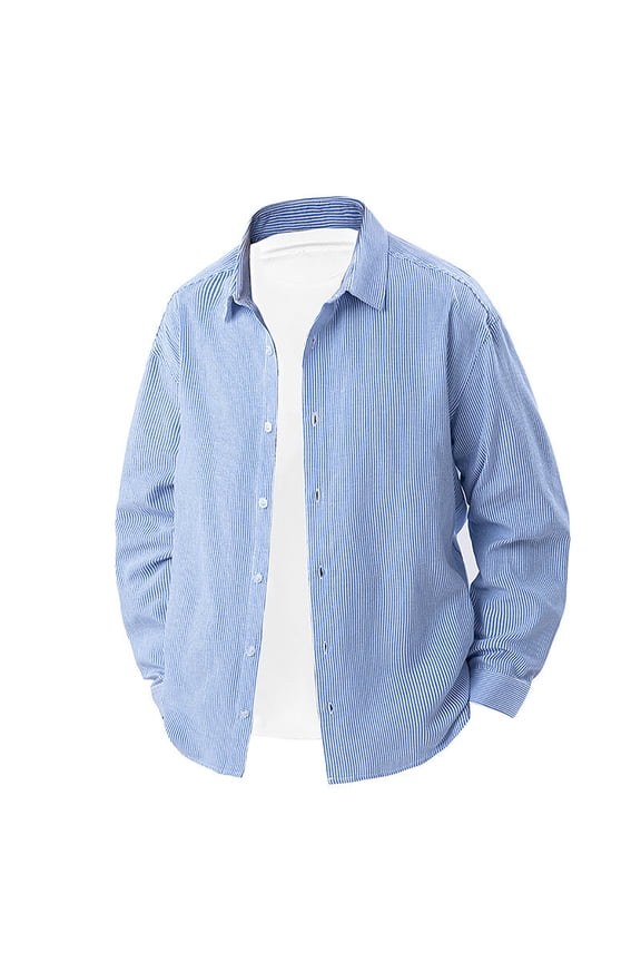 Mens Long Sleeve Formal Shirt Summer Button Down Striped Tops Casual Cotton Business Beach Wedding Dress Shirts Blue XL