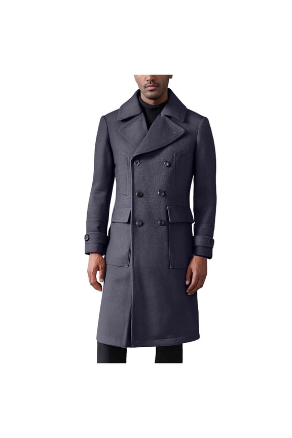Mens Long Trench Coat Pea Coats Notched Collar Casual Overcoat Classic Double Breasted Wool Blend Fall Outwear Gray L
