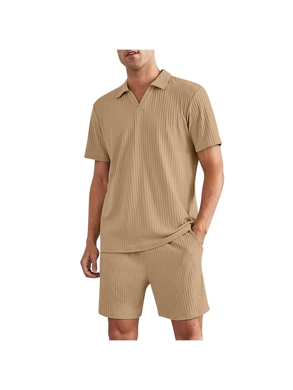 Mens Lounge Set Ribbed Knit Pajamas Set 2 Piece Short Set Outfits Lapel V Neck Shirts Summer Soft Sleepwear Loungewear Khaki 4