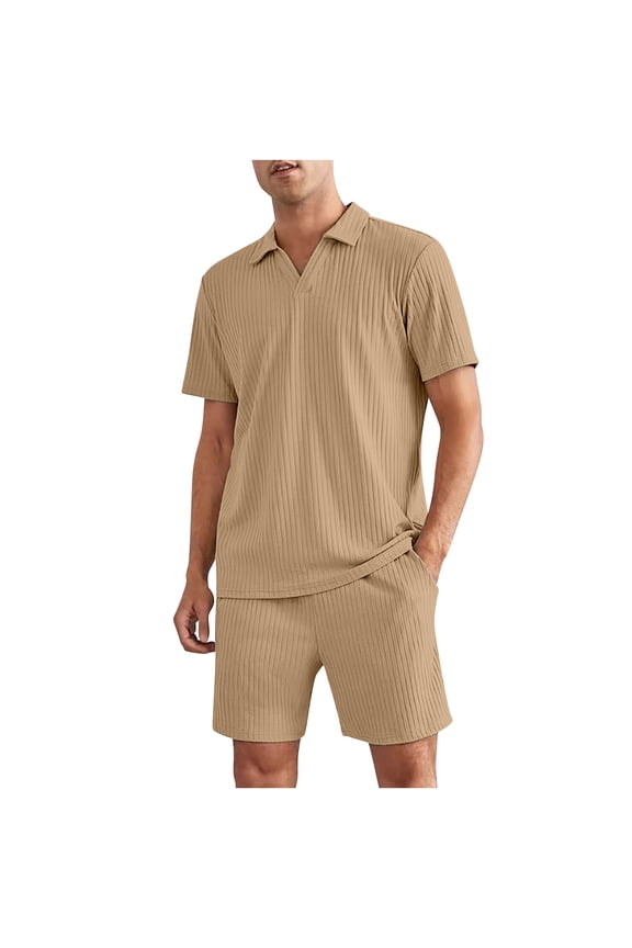 Mens Lounge Set Ribbed Knit Pajamas Set 2 Piece Short Set Outfits Lapel V Neck Shirts Summer Soft Sleepwear Loungewear Khaki 4