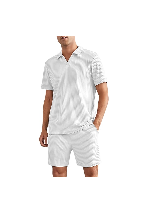 Mens Lounge Set Ribbed Knit Pajamas Set 2 Piece Short Set Outfits Lapel V Neck Shirts Summer Soft Sleepwear Loungewear White 12