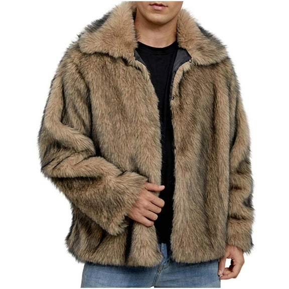 YLSDY Mens Luxury Faux Fur Coats Fluffy Furry Winter Coats Lapel Collar Zip Up Winter Warm Stylish Cardigans Outerwear Khaki M